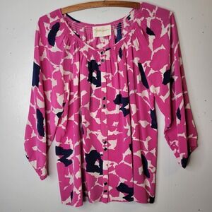 Yumi Kim Pink Navy Abstract Print 100% Silk Smocked Button Blouse Womens Small